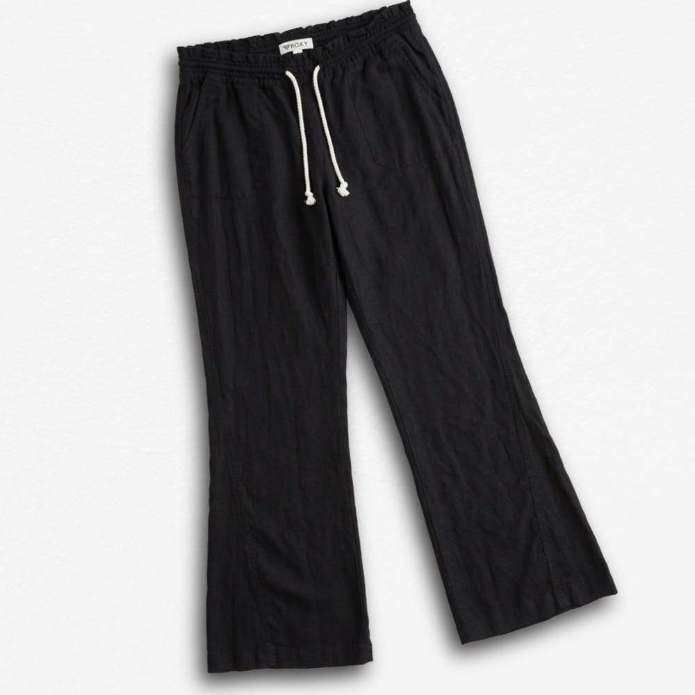 Roxy Women Black Linen Blend Wide Leg Beach Pants Drawstring Smocked Waist Large